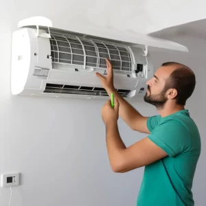 Man installing modern air conditioner.