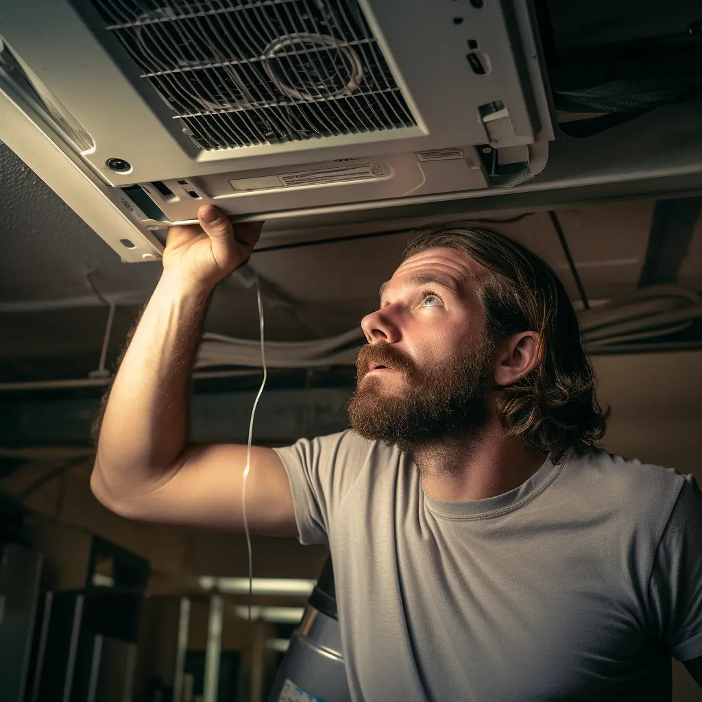 Electrician fixing ducted air conditioner