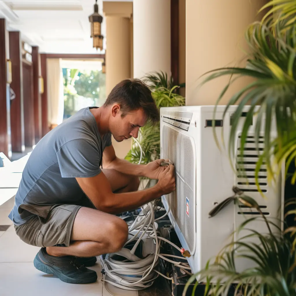 Man fixing air conditioner in hotel lobby 
