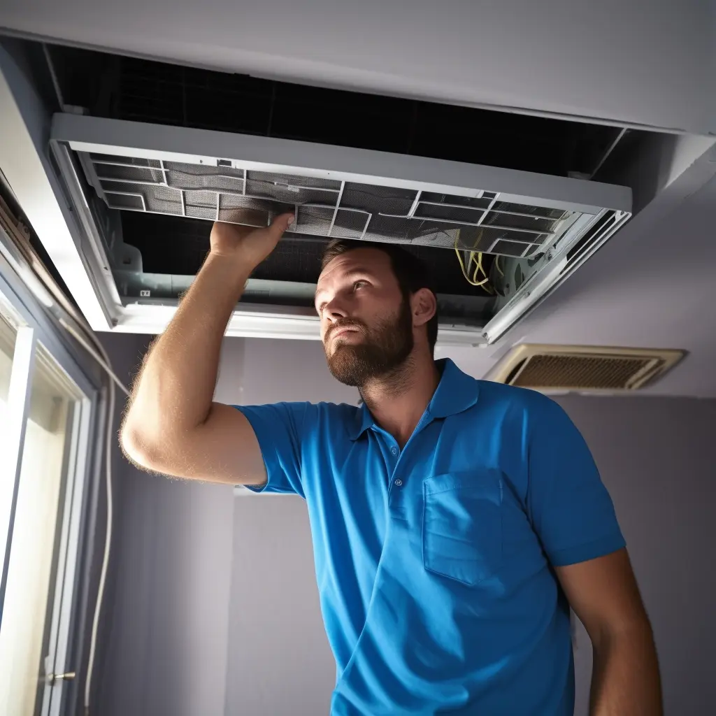 Electrician fixing ducted air conditioner