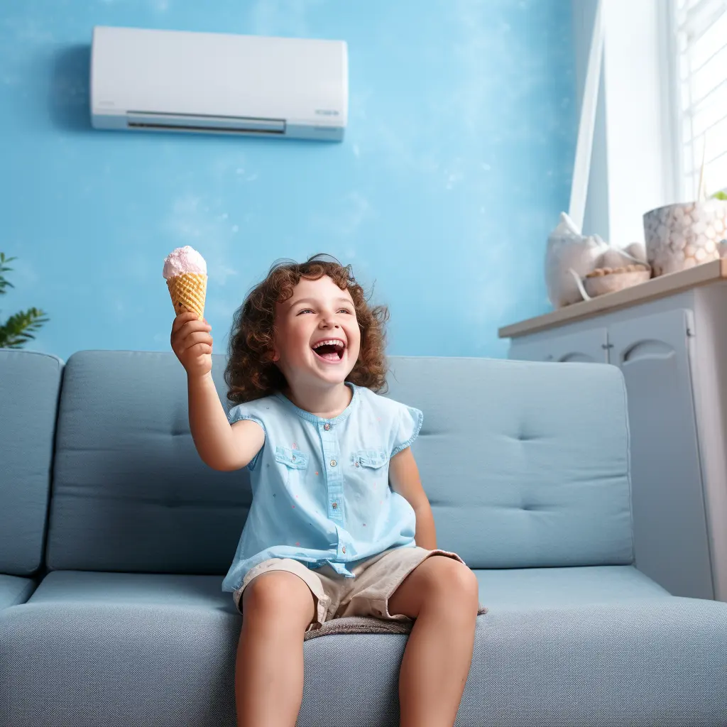 Child enjoying the air conditioner with ice cream