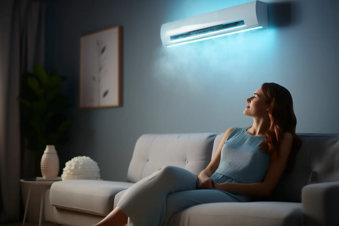 Woman enjoying air conditioner in living room